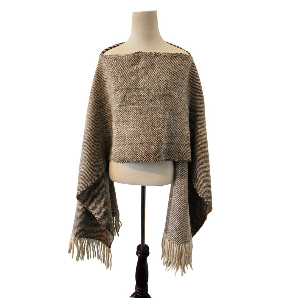 Wool Knit Poncho Wrap Shawl Fringe Neutral Herringbone Pattern One Size